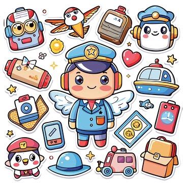 A cute cartoon character in a police officer uniform surrounded by ...