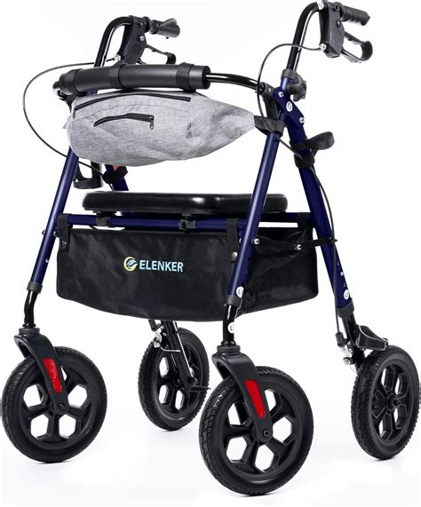 ELENKER All Terrain Rollator Walker with Seat for Seniors, Foldable Rolling Walker, with 10” Big ...