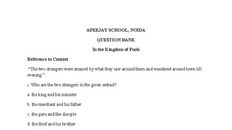 APEEJAY SCHOOL, NOIDA QB: In the Kingdom of Fools Analysis - Studocu