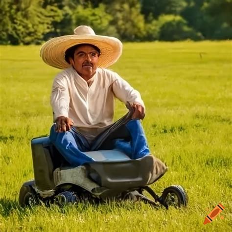 Mexican man riding a lawn mower outside in a field sunshine, sombrero ...