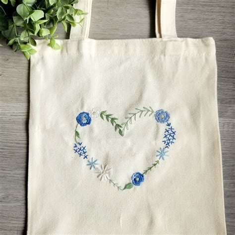 Blue Floral Heart Tote Bag, Hand Embroidered, Canvas Bag, 100% Cotton ...