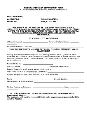 MEDICAL EMERGENCY CERTIFICATION Doc Template | pdfFiller