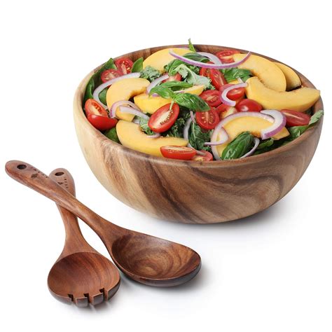 Buy Acacia Wood Salad Bowl with Servers Set - Large 10 inches Solid ...