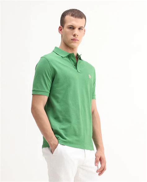 Rare Rabbit Men's Pare-1 Green Cotton Plain Regular Fit Half Sleeve Po