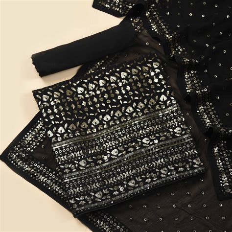 Black Georgette Sequin Embellished Unstitched Suit Fabric Set With Geo ...