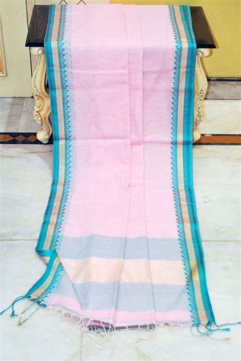 Medium Nakshi Border Pure Soft Cotton Saree in Baby Pink, Sea green an ...