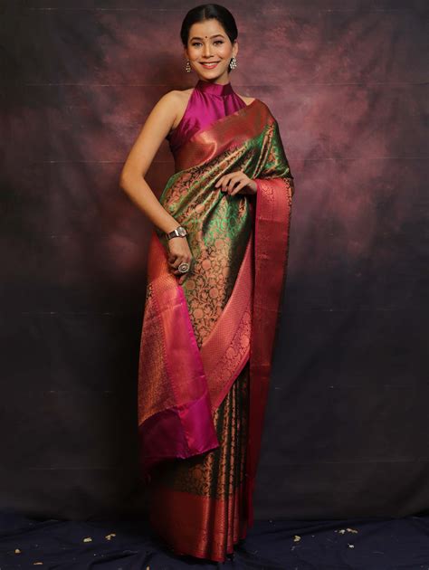 Banarasee Handwoven Pure Muga Silk Sari With Floral Border & Pallu-Yel