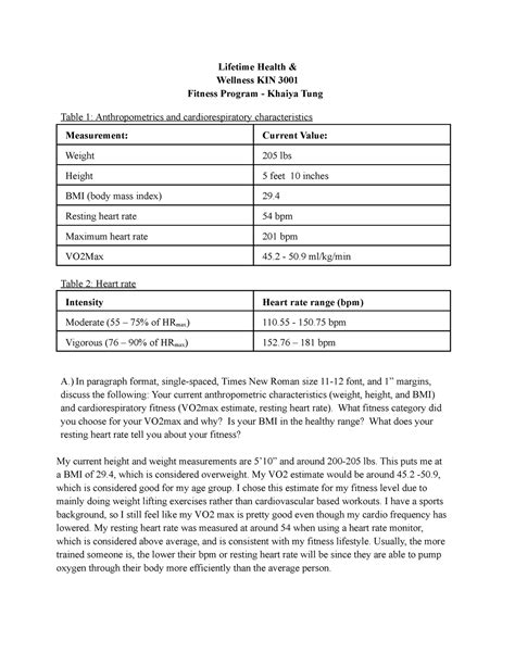 Fitness Program Final - Lifetime Health & Wellness KIN 3001 Fitness ...