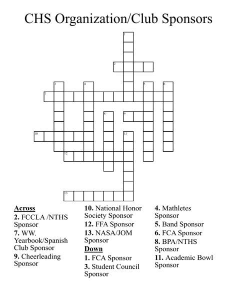 CHS Organization/Club Sponsors Crossword - WordMint