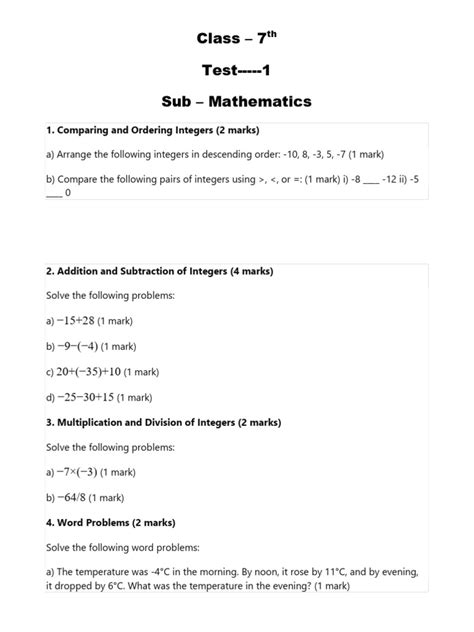 Image result for Class 7 Math Test
