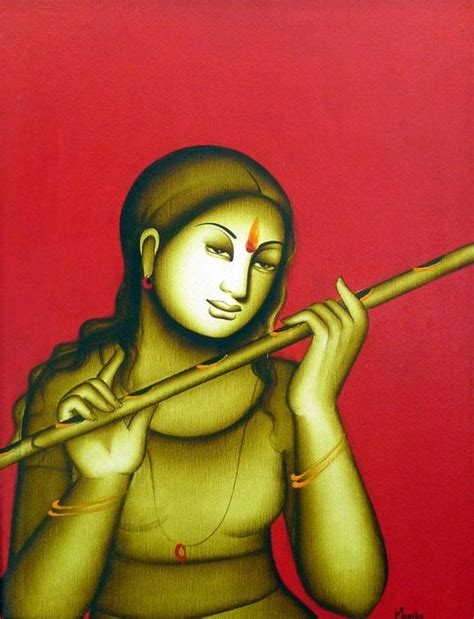 "Woman Playing Flute": Red Acrylic Painting by Monica – ArtZolo.com