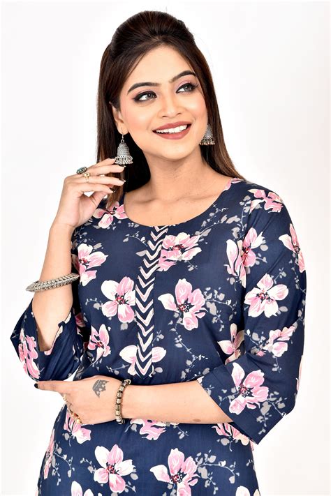 Navy Blue & Pink Floral Print Kurta With Pant – Rozaara