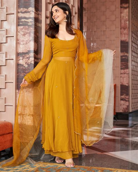 Shop Rangat Mustard Yellow Embroidered Georgette Suit Set for Women ...