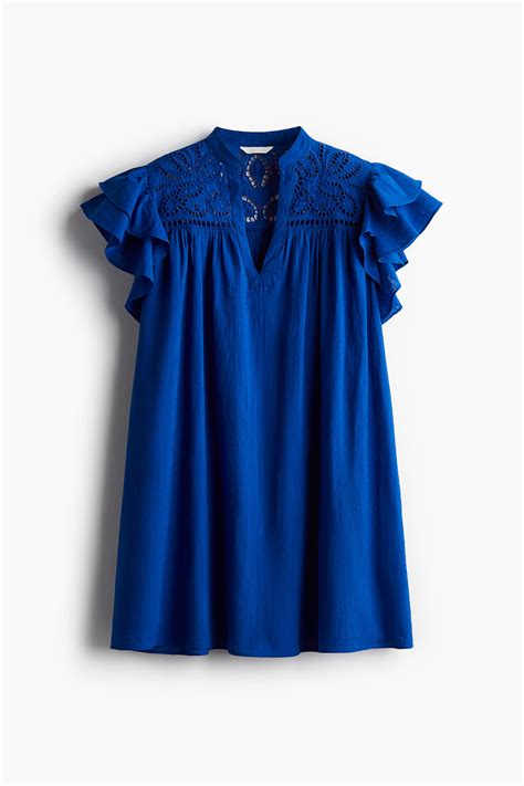 Flutter-sleeve dress with broderie anglaise - Bright blue - Ladies | H&M IN