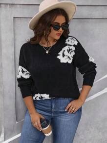 Calvaya Plus Size Flower Pattern Drop Shoulder Sweater Knit Pullover ...