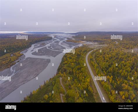 Alaska Route 3 aka George Parks Highway and Susitna River aerial view ...