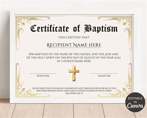 Baptism Certificate Template Editable, Printable Certificate of Baptism ...