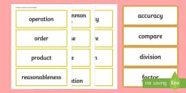 Fractions, Decimals & Percentages Vocabulary Cards