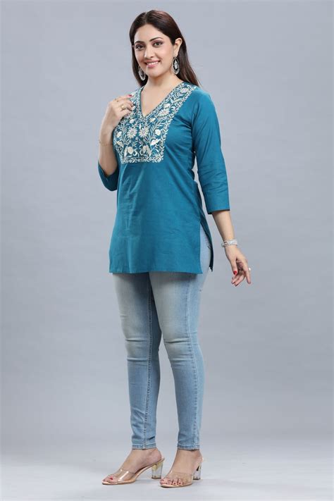 Teal Cotton Embroidered Short Kurti – Cotton Culture