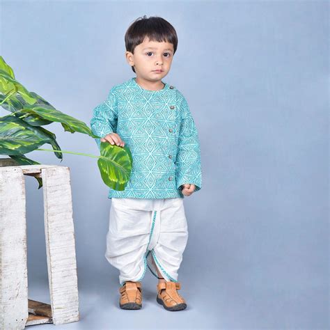 Polka Tots Full Sleeve Angrakha With Dhoti Geometric Print Set - Blue ...