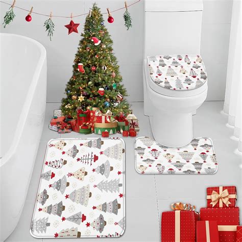 Amazon.com: Britimes Tree Gray Red Christmas Bathroom Rug and Mat Set 3 ...