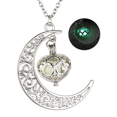 Peora Glow in Dark Moon Love Heart Fluorescent Necklace Pendant with ...