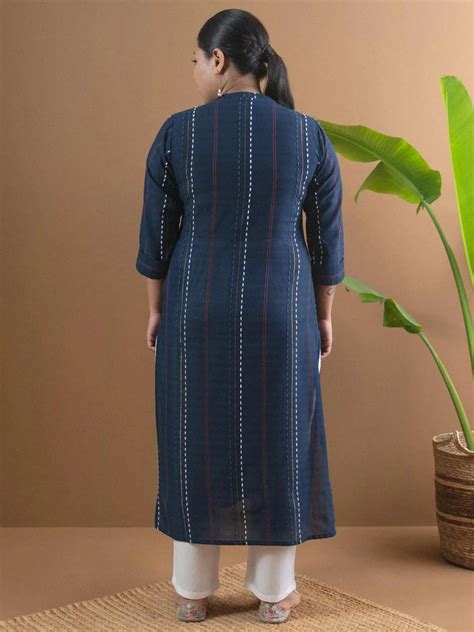 Buy Plus Size Navy Blue Striped Cotton Kurta Online at Rs.434 | Libas