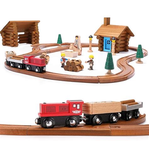 Buy SainSmart Jr. 100 PCS Wooden Train Set with Log Cabin, Toddler ...