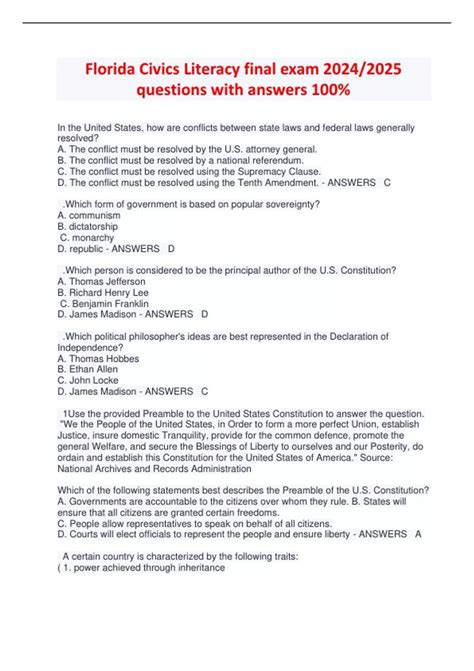 Florida Civics Literacy final exam 2024/2025 questions with answers 100 ...