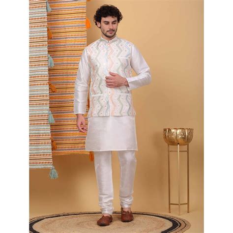 Buy Kraft India Men Cream Embroidered Kurta with Churidar and Nehru ...