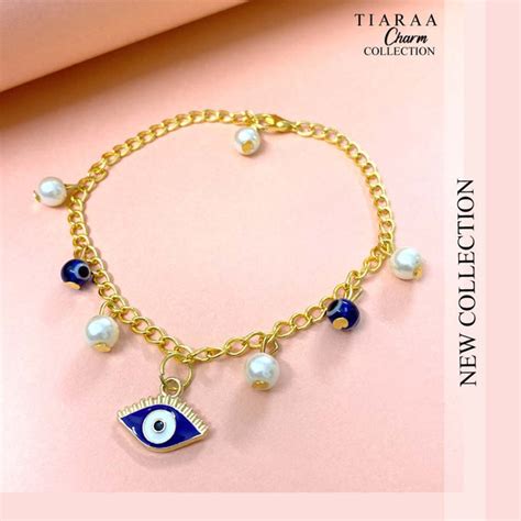 Blue Evil Eye Pearl Golden Charm Bracelet – Tiaraa