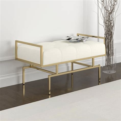 Modern Beige Entryway Bench Faux Leather Upholstered Tufted Bench Gold ...