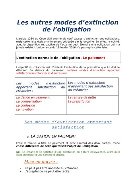 Fiches récapitulatives - Les autres modes d’extinction de l’obligation L’article 1234 du Code ...