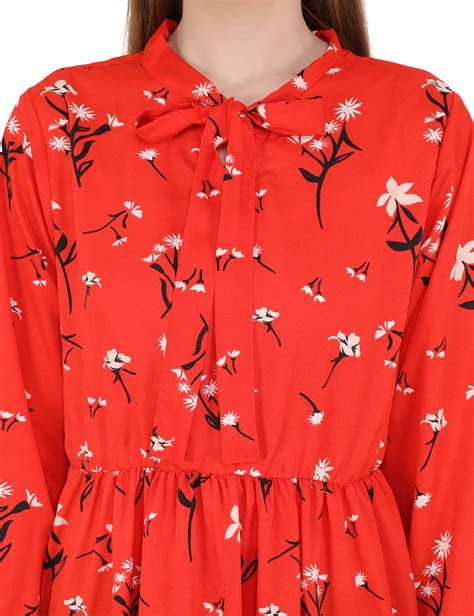 Emeros Women Tie-up Neck, Cuffed Sleeve Gathered Orange Tunic