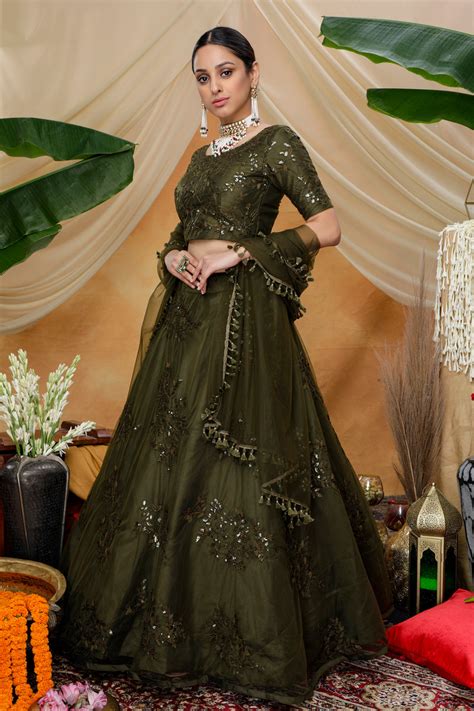 Olive Green Thread With Sequence Embroidered Net Semi-Stitch