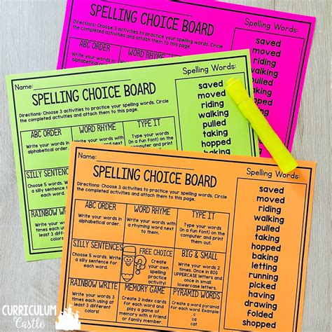 Spelling Choice Board Activities - CURRICULUM CASTLE