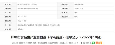 安徽省蚌埠市食品生产监督检查（你点我查）信息公示（2022年10月）-中国质量新闻网