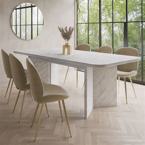 White Marble Effect Pillar Extendable Dining Table - Seats 6 - 8 ...