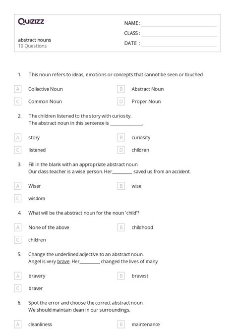 50+ Abstract Nouns worksheets for 4th Class on Quizizz | Free & Printable