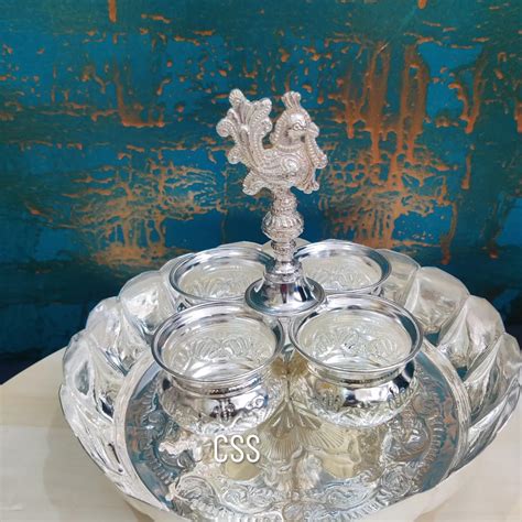 Silver Finish Lotus Mangala Harathi Plate with Peacock Panchwala -CZY0 ...