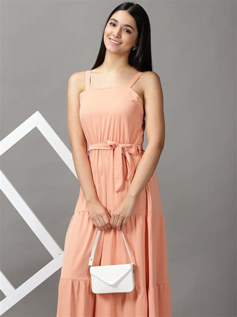 SHOWOFF Women Peach Solid Shoulder Straps Sleeveless Maxi Fit and Flare ...