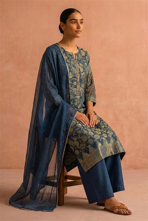 Blue Chanderi Silk Block Print Suit Set | HER-639