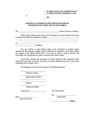 PA Subpoena to Produce Documents or Things for Discovery Pursuant to ...