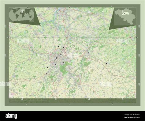Vlaams Brabant, province of Belgium. Open Street Map. Locations of major cities of the region ...