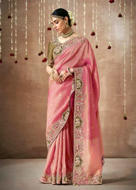 Shop Banarasi Tissue Silk Hand Embroidery Work Pink Saree Online – Sunasa