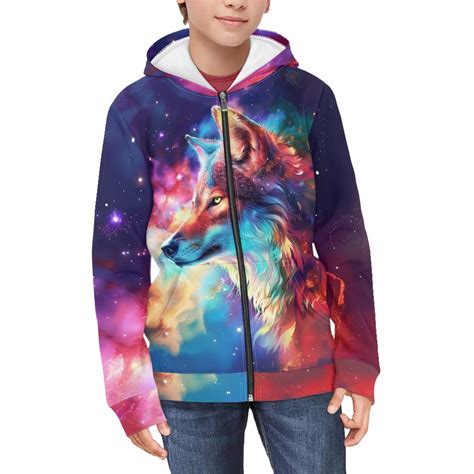 DISNIMO Galaxy Wolf Hoodie for Boys Kids Zip Up Hoodie Boys Size 6-7 ...