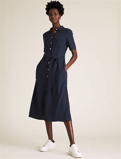 Buy Linen Blend Collared Midi Shirt Dress at Marks & Spencer