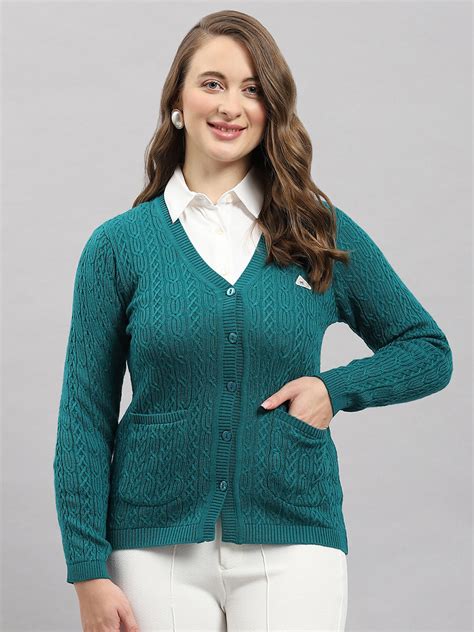 Buy Women Green Self Design V Neck Full Sleeve Cardigan Online in India ...