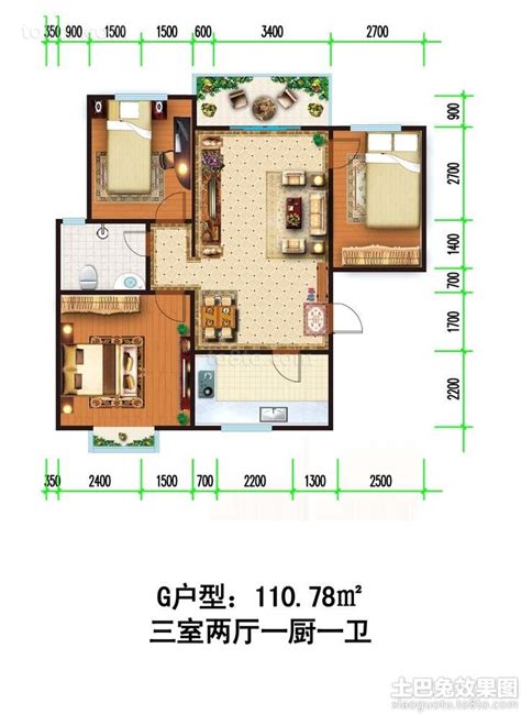 一梯两户三室两厅两卫110平米cad户型图纸-包图网