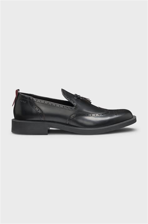 HUGO - Leather loafers with brogue details - Black